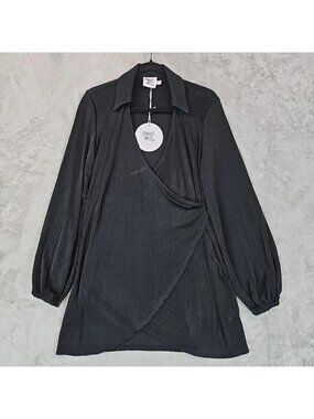 Princess Polly Dress Womens 4 Black Collared Wrap Front Long Sleeve Jersey Knit